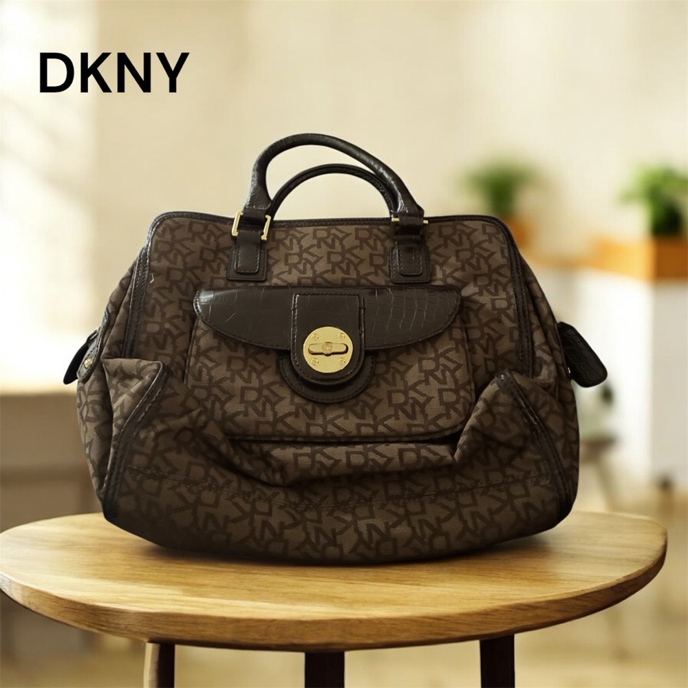 Vintage DKNY Monogram Satchel Handbag • Brown Logo Print. Read Description - Picture 3 of 8